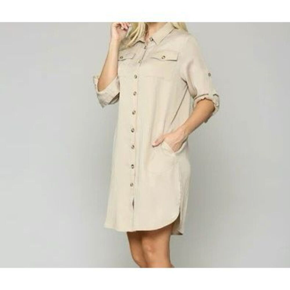 Button-Front Beige Shirt Dress - Women's Casual Shirt Dress